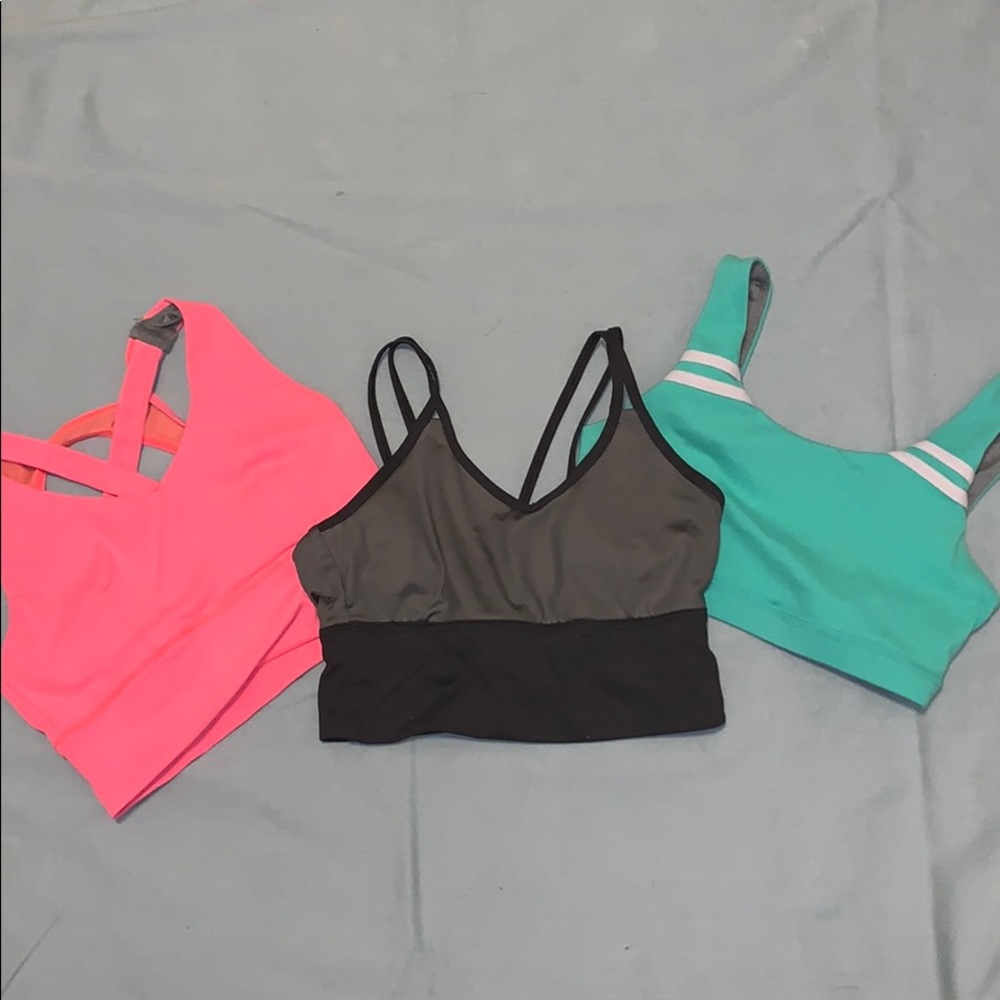 3 pink,gray,and teal sports bra